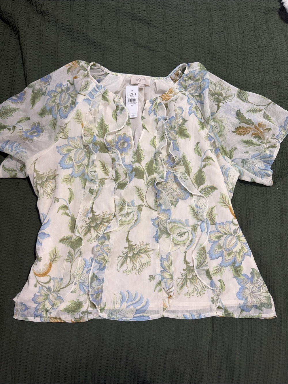 LOFT White Floral Ruffle Blouse with Blue and Green Print